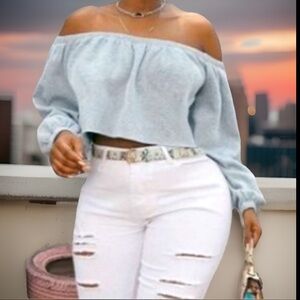 SXY Off Shoulders With Elastic Trim Long Sleeve Crop Sweatshirt